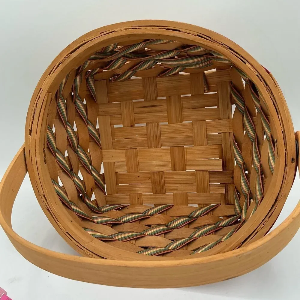 Striped Handwoven Round Basket Hinged Handle Pink/Green